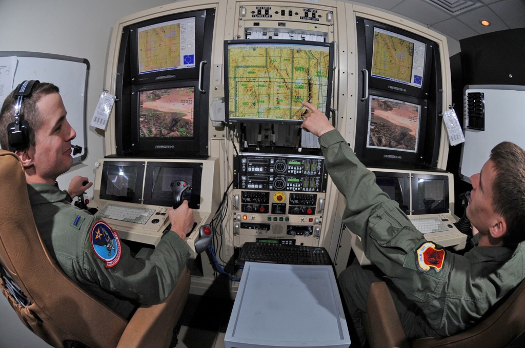 Pilots fly drones from Nevada via a satellite connection. (U.S. AIR FORCE / SENIOR AIRMAN NADINE Y. BARCLAY)