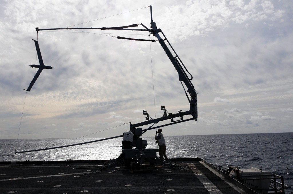 The ScanEagle is recovered using a "skyhook," which is a rope attached to a 50ft pole. Credit: U.S. Navy photo by Mass Communication Specialist 2nd Class Joseph M. Buliavac/Released