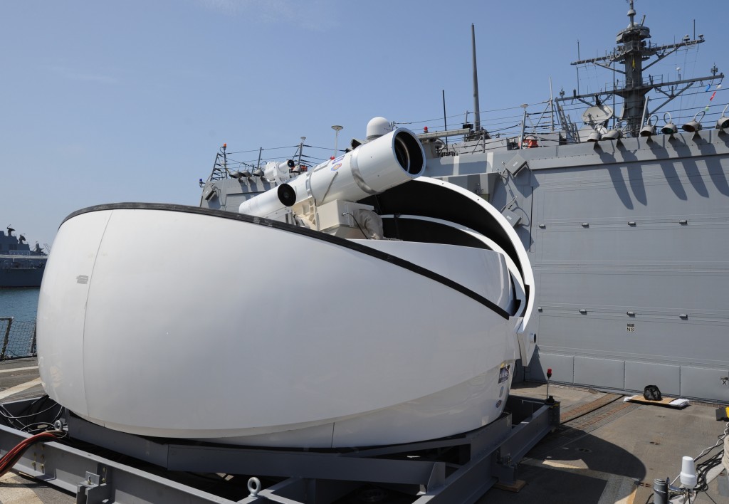 The U.S. Navy's solid state Laser Weapon System (LaWS) aboard the destroyer USS Dewey. Credit: Credit: U.S. Navy photo by John F. Williams/Released