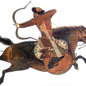 A painted image of a Mongol horse archer performing what is known as the "Partian Shot." Credit: Pinterest/ Cafer Demir