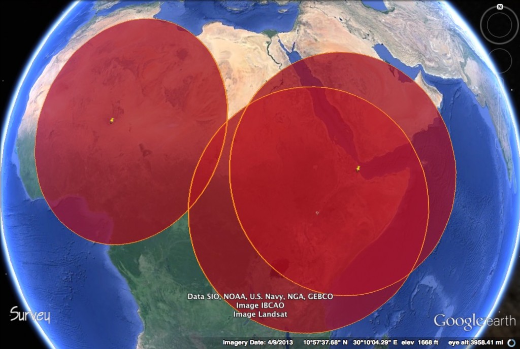 This map shows the 1151 mi. range of MQ-9 Reapers plotted from Agadez, Niger; Chabelley, Djibouti; and Arba Minch, Ethiopia. 