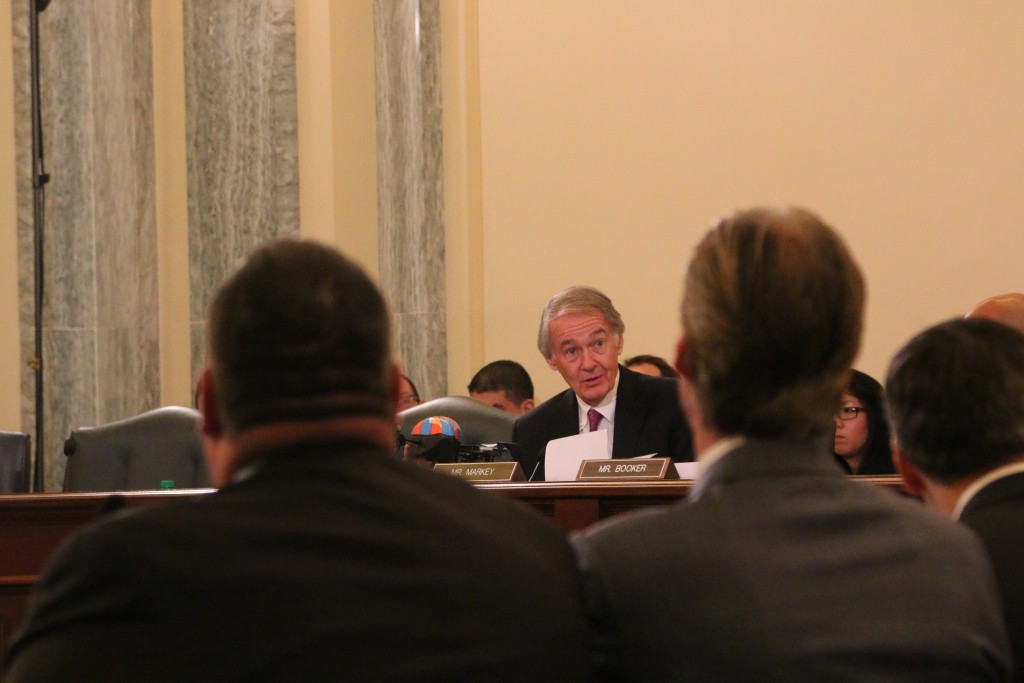 Senator Ed Markey (D-MA) holds up an AR Parrot drone at last week's hearing on domestic drones. Credit: Dan Gettinger 