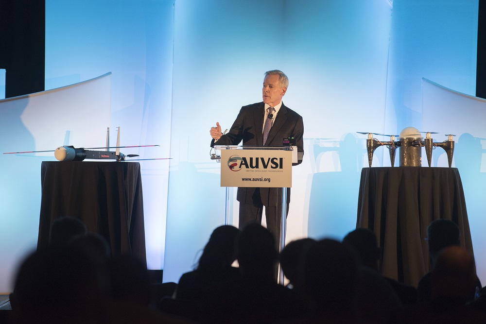 151027-N-LV331-001 ARLINGTON, Va. (Oct. 27, 2015) Secretary of the Navy (SECNAV) Ray Mabus delivers remarks about the unmanned systems industry. Mabus was the keynote speaker at the Unmanned Systems Defense technology discussion and spoke about the role the Department of the Navy has in technology innovation. (U.S. Navy photo by Mass Communication Specialist 2nd Class Armando Gonzales/Released)