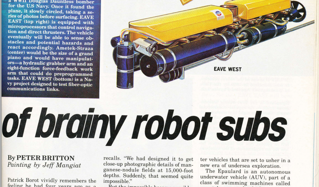 A 1983 article in Popular Science detailing the use of UUVs for scientific exploration. Via AUVAC.