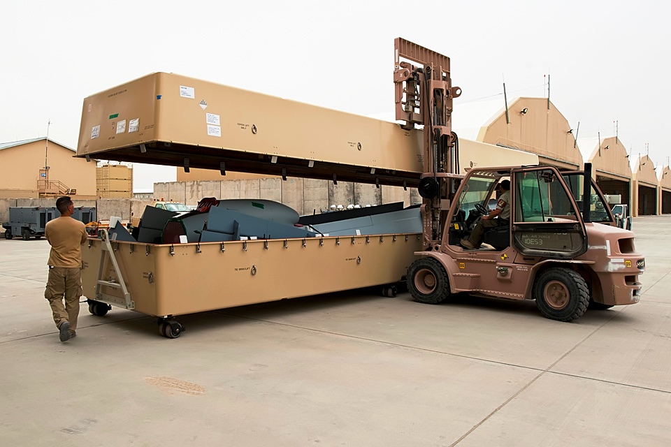 An RAF MQ-9 Reaper is loaded for transport. Credit: UK Ministry of Defence