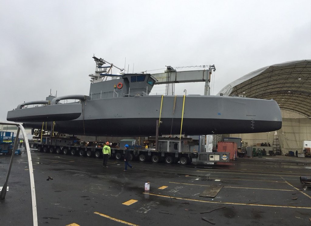 The Anti-Submarine Warfare Continuous Trail Unmanned Vessel getting prepped for sea trials. Credit: DARPA