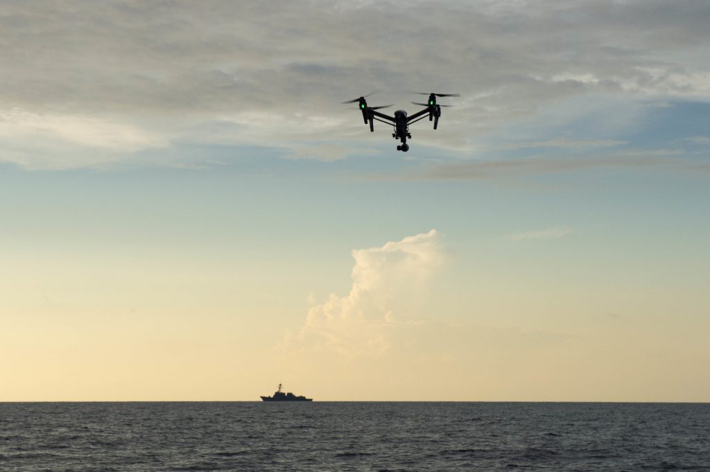 A DJI Inspire operated by U.S. Air Force Academy cadets flies near the guided-missile destroyer USS Jason Dunham (DDG 109) during exercise Black Dart, Sept. 19. Credit: Mass Communication Specialist 1st Class Maddelin/USN
